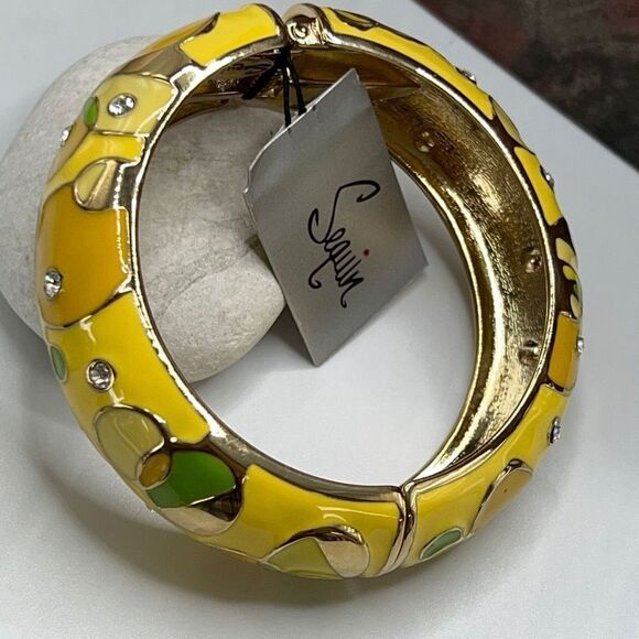 Yellow & Green  Enamel Geometric Pattern Accented with Clear Crystals in Gold Hi - Picture 11 of 11